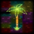 Vip Neon Icons. Night Bright Signboard, Glowing Light Banner. Neon Palm Tree on The Dark Brick Wall Background. Neon