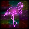 Vip Neon Icons. Night Bright Signboard, Glowing Light Banner. Pink Flamingo on The Dark Brick Wall Background. Neon Royalty Free Stock Photo