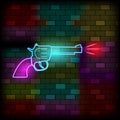 Vip Neon Icons. Night Bright Signboard, Glowing Light Banner. Revolver Gun on The Dark Brick Wall Background. Neon