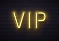 Vip neon sign. Elegant premium members club, luxury banner with golden fluorescent neons tube lamps on brick wall vector