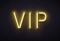 Vip neon sign. Elegant premium members club, luxury banner with golden fluorescent neons tube lamps on brick wall vector