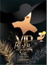 VIP party elegant banner with tropical leaves and girl in a hat, golden dust and crown. Royalty Free Stock Photo