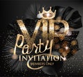 VIP party elegant banner with tropical leaves, golden dust and crown. Royalty Free Stock Photo
