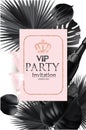 VIP party invitation banner with monochrome tropical leaves and bottle and goblets of champagne.