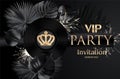 VIP PARTY INVITATION BANNER WITH TROPICAL LEAVES, SPARKLERS AND VINYL RECORD.