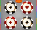 VIP poker black and red chip vector collection. Casino spades, hearts, phillips, diamonds suit set isolated on transparent