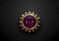 Vip purple label with round golden ring frame crown on black floral background. Dark glossy royal premium template. Vector luxury