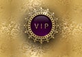 Vip purple label with round golden ring frame crown on gold floral background. Royal glossy premium template. Vector luxury