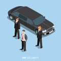 VIP Security Bodyguard Service flat 3d isometric web vector illustration. Creative people collection. Boss and bodyguards black