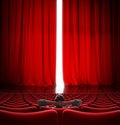 VIP sitting in front of slightly open movie theater red curtain 3d illustration