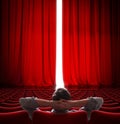 VIP sitting in front of slightly open movie theater red curtain 3d illustration