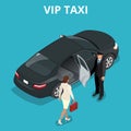 VIP taxi concept. A pretty business woman getting into a taxi cab.