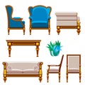 VIP vintage interior furniture rich wealthy house chair room with sofa couch seat set vector illustration. Royalty Free Stock Photo