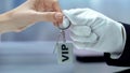 VIP written on keychain customer taking from hand in glove, luxurious vacations