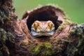 vipers head peering out of a hollow stump