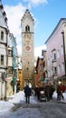 VIPITENO, ITALY - JANUARY 23, 2018: ZwÃÂ¶lferturm tower in main street of the old medieval town of Vipiteno Sterzing, South Tyrol