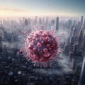 Viral Conquest - Massive Virus Soaring Above a Metropolis with Towering Skyscrapers