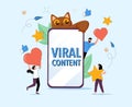 Viral Content Concept. Tiny Characters at Huge Mobile with Funny Unicorn and Cat. Social Media Blogging, Movie