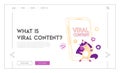 Viral Content Landing Page Template. Funny Unicorn Character Dancing at Huge Smartphone. Online Advertising Royalty Free Stock Photo