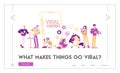 Viral Content Landing Page Template. Tiny Characters at Huge Mobile with Funny Unicorn and Cat. Social Media Blogging Royalty Free Stock Photo