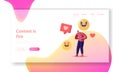 Viral Content Online Share and Broadcast in Internet Landing Page Template. Tiny Male Teen Character Laughing