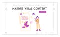 Viral Content Spreading, Followers Attraction, Feedback Landing Page Template. Female Character at Huge Smartphone Royalty Free Stock Photo