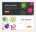 Viral diseases web banners set. Types of viruses, bacteriological microorganisms homepage vector illustration