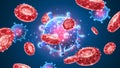 Viral infection. Influenza virus cells, and erythrocytes in bloodstream. Abstract polygonal image on dark blue neon background. Royalty Free Stock Photo