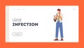 Viral Infection Landing Page Template. Ill Man Sneezing, Diseased Male Character with Runny Nose Snot and Cough in Wipes