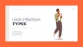 Viral Infection Types, Flu and Influenza Disease Symptoms Landing Page Template. Man Sneezing, Diseased Character Cough
