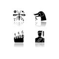 Viral and infectious diseases drop shadow black glyph icons set. Malaria, rabies, fungal infection and ebola virus