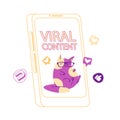 Viral Mass Shared Content. Cute Funny Cat Character Wearing Glasses on Huge Smartphone Screen with Social Media Icons