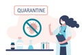 Viral quarantine concept. Female medical scientist warns of the spread of the virus