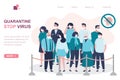 Viral quarantine landing page template, sick masked people. Group of infected people quarantined