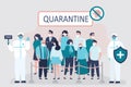Viral quarantine, sick masked people. Group of infected people quarantined. Global Virus covid-19. Medical staff in protective