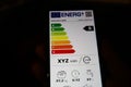 Closeup of mobile phone screen with new european union energy label efficiency classes A - D, blsck background