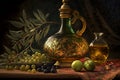Virgin extra olive oil in bottle and glass on table, still life, generative AI