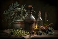 Virgin extra olive oil in vintage bottles and olives on table, still life, generative AI Royalty Free Stock Photo