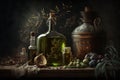 Virgin extra olive oil in vintage bottles and olives on table, still life, generative AI Royalty Free Stock Photo