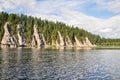 Virgin Komi forests, scenic cliffs on the taiga river Shchugor. Royalty Free Stock Photo