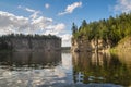 Virgin Komi forests, scenic cliffs on the taiga river Shchugor. Royalty Free Stock Photo