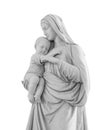 Virgin Mary And Child Christ In Her Arms Statue Isolated On White Background With Clipping Path. Madonna With Baby