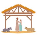 Virgin mary and saint joseph in stable with animals Royalty Free Stock Photo