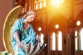 The Virgin Mary statue in church with sun light from top window, christian religion. Royalty Free Stock Photo