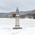 Virgin Mary statue on a pedestal with snow