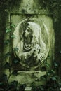 Virgin Mary statue. Vintage sculpture of sad woman in grief Rel Royalty Free Stock Photo