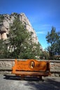 Virgin of Montserrat fretwork on bench Royalty Free Stock Photo