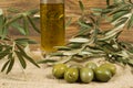 Virgin olive oil glass jar and leaves with fresh olives on burlap. Royalty Free Stock Photo