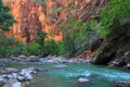 Virgin River and Sheer Canyon Walls at the Narrows, Zion National Park, Utah, USA Royalty Free Stock Photo