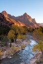 Virgin River Valley and sunlit mountains in Zion National Park Royalty Free Stock Photo
